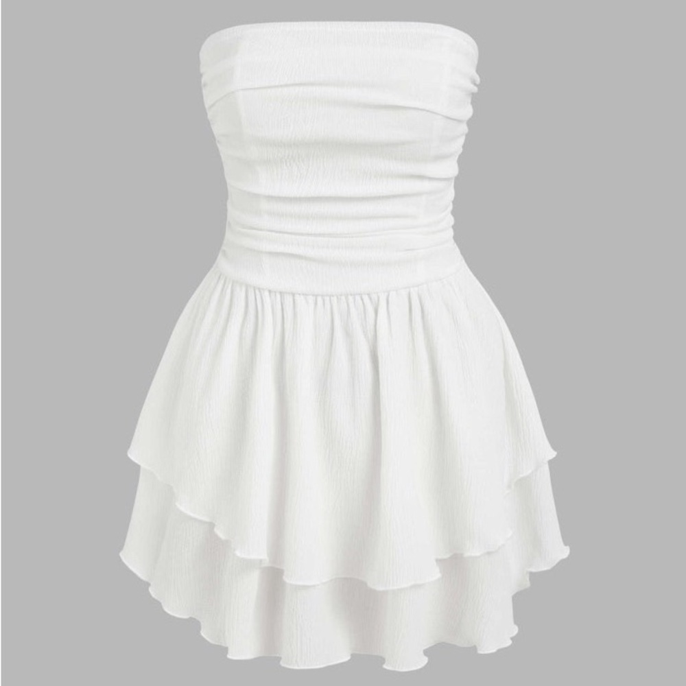 Cider French Riviera Vacation Tube Ruched Ruffle Mini Dress White Size XS
